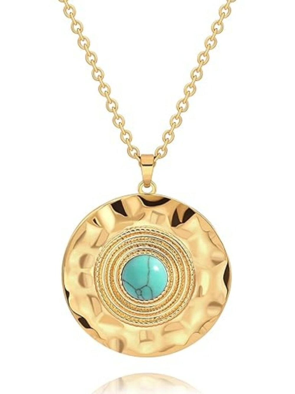New 18K Gold Plate Coin Pendant Necklace Dainty w Turquoise Stone Fashion
